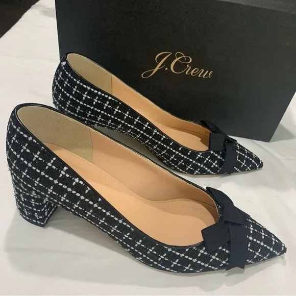J. Crew Avery Black and White Tweed Pointed Toe Pumps with Bow Size 9 - Picture 2 of 5